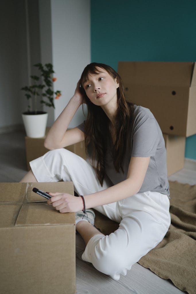 Young woman sitting among boxes, considering her new space. Ideal for moving or relocation themes.